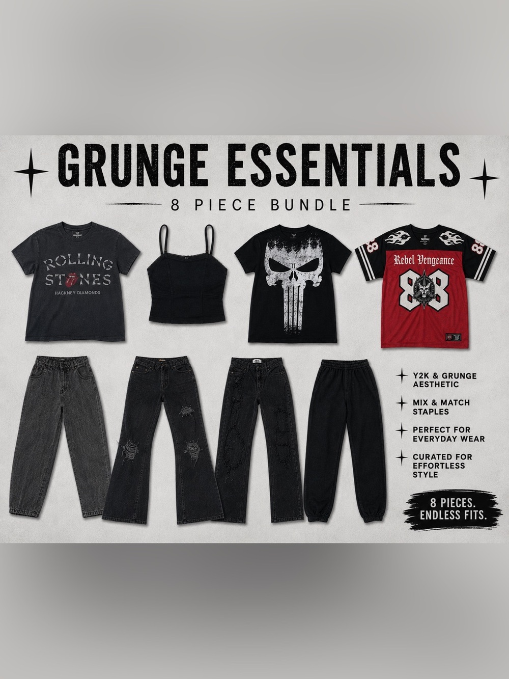 Grunge Essentials 8-Piece Black Clothing Bundle